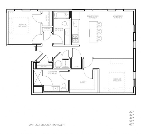 Floor plan for 2 beds, 2 baths, 924 sqft